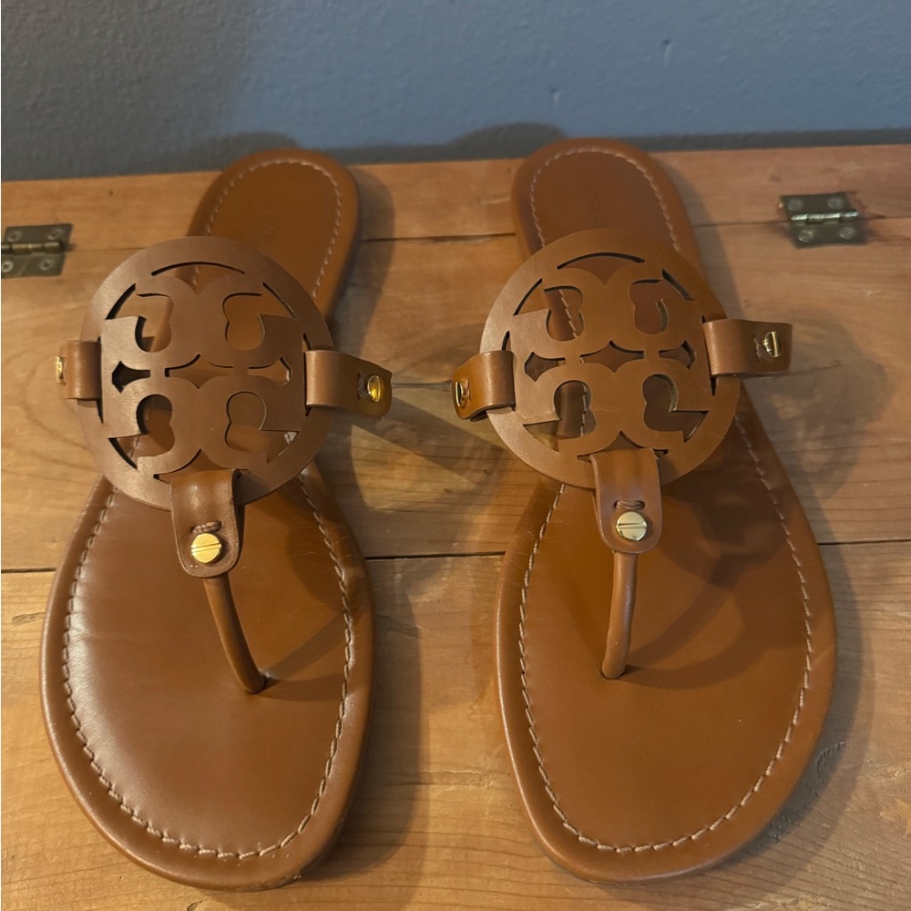 Tory Burch Tan Brown Miller Logo Leather Sandals